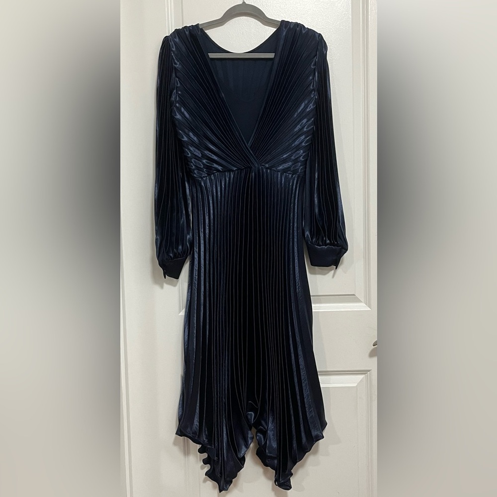 Sandro Paris Navy Pleated Satin Midi Dress Boat Neck V-Back EU 40 - Picture 4 of 13